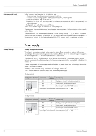 Proline Promag L 800
8 Endress+Hauser
Data logger (SD card) • The integrated data logger can log the following data:
– Reference data: time, date, consecutive numbers in list etc.
– Totalizer counter readings: positive and negative total/partial, net total/partial
– Flow: in volume unit (e.g. m3/h) or in %
– Measuring cycles per hour, state of charge of the individual battery packs (B1, B2, B3), temperature of the
electronics board
• Configurable save cycle: 15 seconds to 24 hours.
• The data of the data logger are not lost if the battery is replaced.
The data logger gives users the option of second, parallel data recording in a higher resolution within a specific
period of time.
The data are saved daily in a new file on the micro SD card (storage capacity 2 GB). Via the FXA291 service
interface, the files can be saved for evaluation on a PC or laptop with the Config5800 operating software. It is
also possible to transmit the files by e-mail via the GSM/GPRS modem, which is available as an option.
Power supply
Battery concept Battery arrangement options
Three battery terminals are available in the measuring device. These terminals are assigned different uses
depending on the number and arrangement of the batteries. B1 and B2 are the terminals for power supply to
the measuring device, B3 is the terminal for the GSM/GPRS modem.
The measuring device is initially powered by the batteries in terminal B2. If the voltage supplied by these
batteries becomes too low, the measuring device issues a message and switches automatically to the battery in
terminal B1.
If power is supplied to the measuring device externally and the power supply fails, the battery in terminal B1
acts as a backup power supply.
The GSM/GPRS modem is always powered by the battery in terminal B3.
This is also the case if the measuring device uses an external power supply.
Configuration 1
Configuration 2
Configuration of batteries Connectors
Number of
batteries
Battery usage
A0017127
B 1 1 Backup power supply for the measuring device
B 2 1 Power supply for the measuring device
B 3 – Power supply for the GSM/GPRS modem
"Power Supply" order feature for this configuration: 5L8B**–**F0*********
Configuration of batteries Connectors
Number of
batteries
Battery usage
A0017128
B 1 1 Backup power supply for the measuring device
B 2 3 Power supply for the measuring device
B 3 – Power supply for the GSM/GPRS modem
"Power Supply" order feature for this configuration: 5L8B**–**G0*********
B2
B1
B1 B2 B3
B1
B1 B2 B3
B2
 