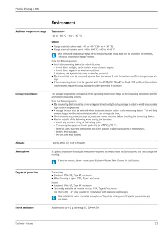 Proline Promag L 800
Endress+Hauser 23
Environment
Ambient temperature range Transmitter
–20 to +60 °C (–4 to +140 °F)
Sensor
• Flange material carbon steel: –10 to +60 °C (14 to +140 °F)
• Flange material stainless steel: –40 to +60 °C (–40 to +140 °F)
The permitted temperature range of the measuring tube lining may not be undershot or overshot,
"Medium temperature range" section.
Note the following points:
• Install the measuring device in a shady location.
– Avoid direct sunlight, particularly in warm climatic regions.
– Avoid direct exposure to weather conditions.
If necessary use a protective cover or weather protector.
• The transmitter must be mounted separate from the sensor if both the ambient and fluid temperatures are
high.
• If the measuring device is to be operated with the AVERAGE, SMART or MAX.LIFE profile at low ambient
temperatures, regular housing heating should be provided if necessary.
Storage temperature The storage temperature corresponds to the operating temperature range of the measuring transmitter and the
appropriate measuring sensors.
Note the following points:
• The measuring device must be protected against direct sunlight during storage in order to avoid unacceptably
high surface temperatures.
• A storage location must be selected where moisture does not collect in the measuring device. This will help
prevent fungus and bacteria infestation which can damage the liner.
• Never remove any protection caps or protective covers mounted before installing the measuring device.
• Also be mindful of the following when storing the batteries:
– Avoid any short-circuiting of the battery poles.
– The storage temperature should preferably be ≤21°C (≤70 °F).
– Store in a dry, dust-free atmosphere that is not subject to large fluctuations in temperature.
– Protect from sunlight.
– Do not store near heaters.
Altitude –200 to 2000 m (–656 to 5602 ft)
Atmosphere If a plastic transmitter housing is permanently exposed to certain steam and air mixtures, this can damage the
housing.
If you are unsure, please contact your Endress+Hauser Sales Center for clarification.
Degree of protection Transmitter
• Standard: IP66/67, Type 4X enclosure
• When housing is open: IP20, Type 1 enclosure
Sensor
• Standard: IP66/67, Type 4X enclosure
• Optionally available for remote version: IP68, Type 6P enclosure
(for DN ≤ 300 (12") only possible in conjunction with stainless steel flanges)
Not suitable for use in corrosive atmospheres/liquids or underground if special precautions are
not taken.
Shock resistance Acceleration up to 2 g following IEC 600 68-2-6
 