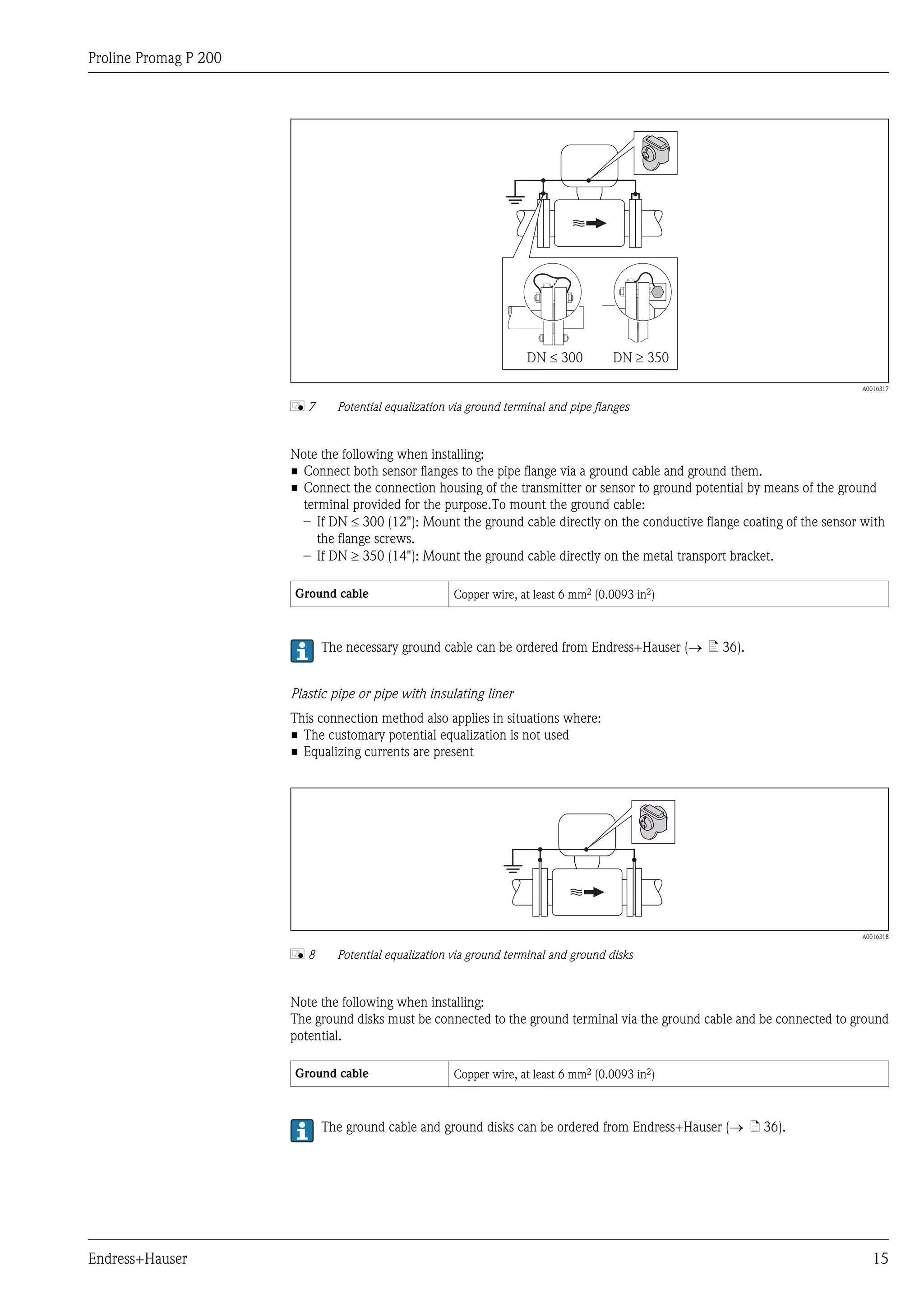 Proline Promag P 200
Endress+Hauser 15
DN 300£ DN 350³
A0016317
å 7 Potential equalization via ground terminal and pipe flanges
Note the following when installing:
• Connect both sensor flanges to the pipe flange via a ground cable and ground them.
• Connect the connection housing of the transmitter or sensor to ground potential by means of the ground
terminal provided for the purpose.To mount the ground cable:
– If DN £ 300 (12"): Mount the ground cable directly on the conductive flange coating of the sensor with
the flange screws.
– If DN ³ 350 (14"): Mount the ground cable directly on the metal transport bracket.
Ground cable Copper wire, at least 6 mm2 (0.0093 in2)
The necessary ground cable can be ordered from Endress+Hauser (® ä 36).
Plastic pipe or pipe with insulating liner
This connection method also applies in situations where:
• The customary potential equalization is not used
• Equalizing currents are present
A0016318
å 8 Potential equalization via ground terminal and ground disks
Note the following when installing:
The ground disks must be connected to the ground terminal via the ground cable and be connected to ground
potential.
Ground cable Copper wire, at least 6 mm2 (0.0093 in2)
The ground cable and ground disks can be ordered from Endress+Hauser (® ä 36).
 