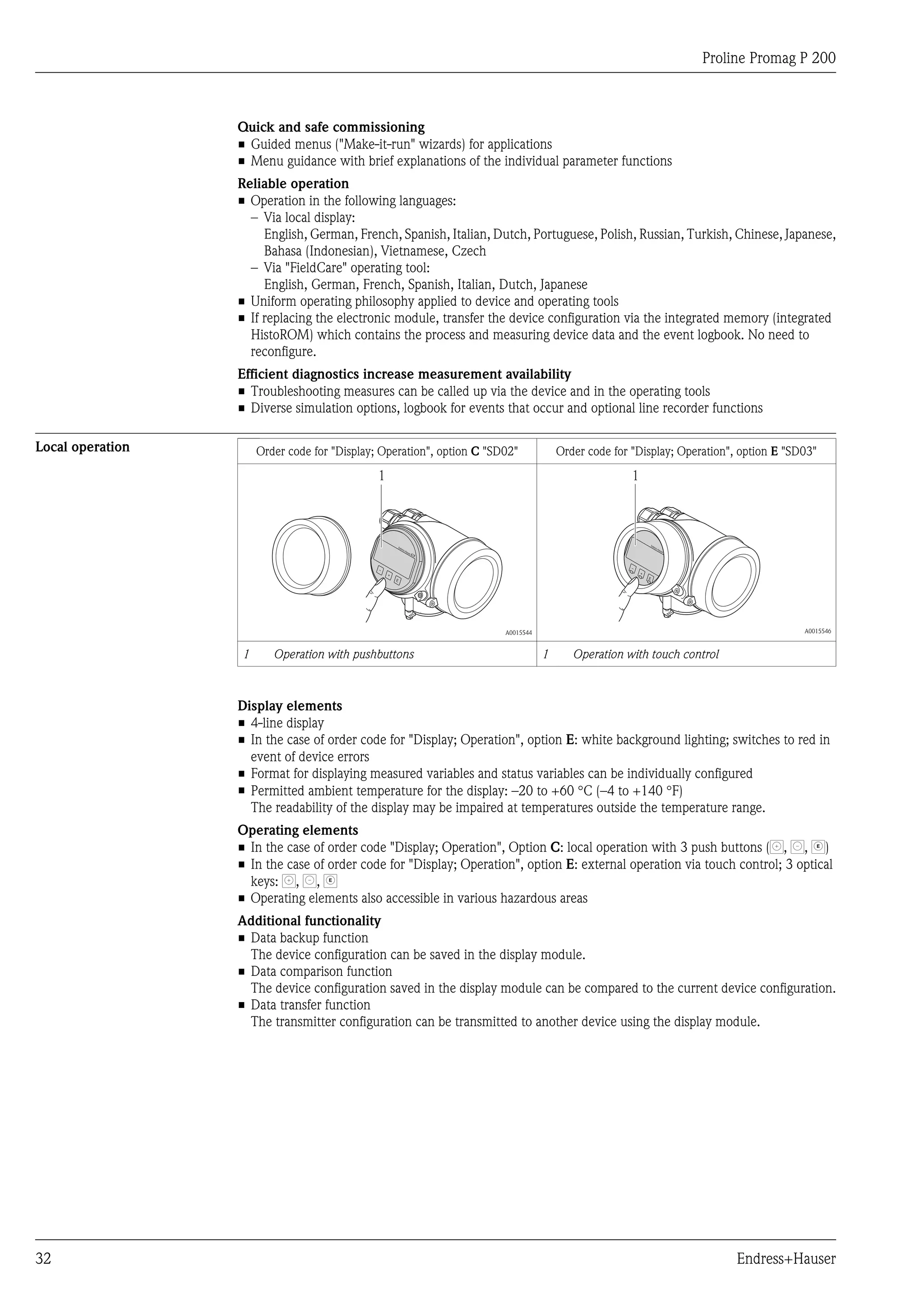 Proline Promag P 200
32 Endress+Hauser
Quick and safe commissioning
• Guided menus ("Make-it-run" wizards) for applications
• Menu guidance with brief explanations of the individual parameter functions
Reliable operation
• Operation in the following languages:
– Via local display:
English, German, French, Spanish, Italian, Dutch, Portuguese, Polish, Russian, Turkish, Chinese, Japanese,
Bahasa (Indonesian), Vietnamese, Czech
– Via "FieldCare" operating tool:
English, German, French, Spanish, Italian, Dutch, Japanese
• Uniform operating philosophy applied to device and operating tools
• If replacing the electronic module, transfer the device configuration via the integrated memory (integrated
HistoROM) which contains the process and measuring device data and the event logbook. No need to
reconfigure.
Efficient diagnostics increase measurement availability
• Troubleshooting measures can be called up via the device and in the operating tools
• Diverse simulation options, logbook for events that occur and optional line recorder functions
Local operation Order code for "Display; Operation", option C "SD02" Order code for "Display; Operation", option E "SD03"
+
E
–
1
A0015544
1
+
E
–
A0015546
1 Operation with pushbuttons 1 Operation with touch control
Display elements
• 4-line display
• In the case of order code for "Display; Operation", option E: white background lighting; switches to red in
event of device errors
• Format for displaying measured variables and status variables can be individually configured
• Permitted ambient temperature for the display: –20 to +60 °C (–4 to +140 °F)
The readability of the display may be impaired at temperatures outside the temperature range.
Operating elements
• In the case of order code "Display; Operation", Option C: local operation with 3 push buttons ( , , E
)
• In the case of order code for "Display; Operation", option E: external operation via touch control; 3 optical
keys: , , E
• Operating elements also accessible in various hazardous areas
Additional functionality
• Data backup function
The device configuration can be saved in the display module.
• Data comparison function
The device configuration saved in the display module can be compared to the current device configuration.
• Data transfer function
The transmitter configuration can be transmitted to another device using the display module.
 