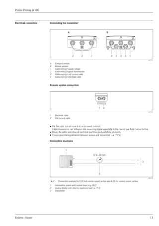 Proline Promag W 400
Endress+Hauser 13
Electrical connection Connecting the transmitter
2 2 1 4 3 2 2 1
A B
A0017113
A Compact version
B Remote version
1 Cable entry for supply voltage
2 Cable entry for signal transmission
3 Cable entry for coil current cable
4 Cable entry for electrode cable
Remote version connection
1 2
A0017267
1 Electrode cable
2 Coil current cable
• Fix the cable run or route it in an armored conduit.
Cable movements can influence the measuring signal especially in the case of low fluid conductivities.
• Route the cable well clear of electrical machines and switching elements.
• Ensure potential equalization between sensor and transmitter (® ä 15).
Connection examples
0/4...20 mA
+
–
2
1
3
+
_
A0017162
å 3 Connection example for 0-20 mA current output (active) and 4-20 mA current output (active)
1 Automation system with current input (e.g. PLC)
2 Analog display unit: observe maximum load (® ä 8)
3 Transmitter
 
