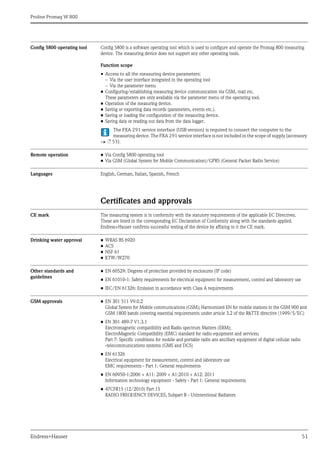 Proline Promag W 800
Endress+Hauser 51
Config 5800 operating tool Config 5800 is a software operating tool which is used to configure and operate the Promag 800 measuring
device. The measuring device does not support any other operating tools.
Function scope
• Access to all the measuring device parameters:
– Via the user interface integrated in the operating tool
– Via the parameter menu
• Configuring/establishing measuring device communication via GSM, mail etc.
These parameters are only available via the parameter menu of the operating tool.
• Operation of the measuring device.
• Saving or exporting data records (parameters, events etc.).
• Saving or loading the configuration of the measuring device.
• Saving data or reading out data from the data logger.
The FXA 291 service interface (USB version) is required to connect the computer to the
measuring device. The FXA 291 service interface is not included in the scope of supply (accessory
 ä 53).
Remote operation • Via Config 5800 operating tool
• Via GSM (Global System for Mobile Communication)/GPRS (General Packet Radio Service)
Languages English, German, Italian, Spanish, French
Certificates and approvals
CE mark The measuring system is in conformity with the statutory requirements of the applicable EC Directives.
These are listed in the corresponding EC Declaration of Conformity along with the standards applied.
Endress+Hauser confirms successful testing of the device by affixing to it the CE mark.
Drinking water approval • WRAS BS 6920
• ACS
• NSF 61
• KTW/W270
Other standards and
guidelines
• EN 60529: Degrees of protection provided by enclosures (IP code)
• EN 61010-1: Safety requirements for electrical equipment for measurement, control and laboratory use
• IEC/EN 61326: Emission in accordance with Class A requirements
GSM approvals • EN 301 511 V9.0.2
Global System for Mobile communications (GSM); Harmonized EN for mobile stations in the GSM 900 and
GSM 1800 bands covering essential requirements under article 3.2 of the R&TTE directive (1999/5/EC)
• EN 301 489-7 V1.3.1
Electromagnetic compatibility and Radio spectrum Matters (ERM);
ElectroMagnetic Compatibility (EMC) standard for radio equipment and services;
Part 7: Specific conditions for mobile and portable radio ans ancillary equipment of digital cellular radio
­telecommunications systems (GMS and DCS)
• EN 61326
Electrical equipment for measurement, control and laboratory use
EMC requirements - Part 1: General requirements
• EN 60950-1:2006 + A11: 2009 + A1:2010 + A12: 2011
Information technology equipment - Safety - Part 1: General requirements
• 47CFR15 (12/2010) Part 15
RADIO FREQUENCY DEVICES, Subpart B - Unintentional Radiators
 