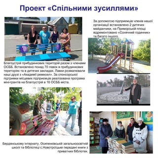 Проект «Спільними зусиллями»
Благоустрій прибудинкових територій разом з членами
ОСББ. Встановлено понад 70 лавок в прибудинкових
територіях та в дитячих закладах. Лавки розмалювали
наші друзі з «Академії ремесел». За спонсорської
підтримки місцевих підприємців реалізована програма
міні-грантів на благоустрій в 16 ОСББ міста.
За допомогою підприємців членів нашої
організації встановлено 2 дитячих
майданчики, на Приморській площі
відремонтовано «Сонячний годинник»
та багато іншого.
Бердянському інтернату, Осипенківській загальноосвітній
школі та бібліотеці с.Новотроїцьке передані книги з
приватних бібліотек.
 