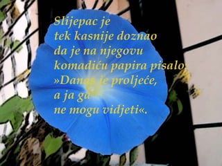 Slijepac je tek kasnije doznao da je na njegovu komadiću papira pisalo: »Danas je proljeće,  a ja ga  ne mogu vidjeti«.  