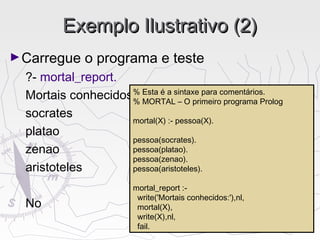 Exemplo Ilustrativo (2)Exemplo Ilustrativo (2)
►Carregue o programa e teste
?- mortal_report.
Mortais conhecidos:
socrates
platao
zenao
aristoteles
No
% Esta é a sintaxe para comentários.
% MORTAL – O primeiro programa Prolog
mortal(X) :- pessoa(X).
pessoa(socrates).
pessoa(platao).
pessoa(zenao).
pessoa(aristoteles).
mortal_report :-
write('Mortais conhecidos:'),nl,
mortal(X),
write(X),nl,
fail.
 