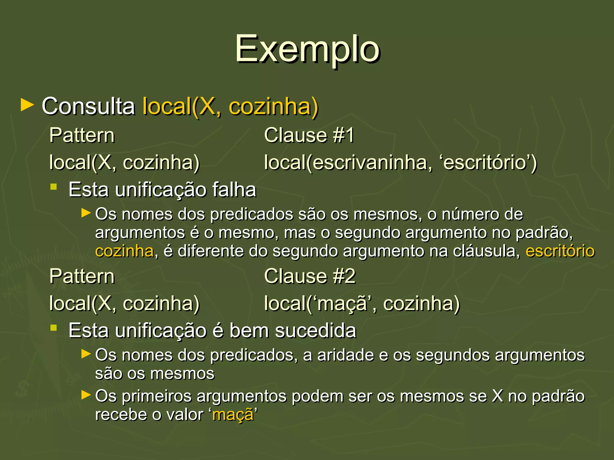 ExemploExemplo
► ConsultaConsulta local(X, cozinha)local(X, cozinha)
PatternPattern Clause #1Clause #1
local(X, cozinha)local(X, cozinha) local(escrivaninha, ‘escritório’)local(escrivaninha, ‘escritório’)
 Esta unificação falhaEsta unificação falha
► Os nomes dos predicados são os mesmos, o número deOs nomes dos predicados são os mesmos, o número de
argumentos é o mesmo, mas o segundo argumento no padrão,argumentos é o mesmo, mas o segundo argumento no padrão,
cozinhacozinha, é diferente do segundo argumento na cláusula,, é diferente do segundo argumento na cláusula, escritórioescritório
PatternPattern Clause #2Clause #2
local(X, cozinha)local(X, cozinha) local(‘maçã’, cozinha)local(‘maçã’, cozinha)
 Esta unificação é bem sucedidaEsta unificação é bem sucedida
► Os nomes dos predicados, a aridade e os segundos argumentosOs nomes dos predicados, a aridade e os segundos argumentos
são os mesmossão os mesmos
► Os primeiros argumentos podem ser os mesmos se X no padrãoOs primeiros argumentos podem ser os mesmos se X no padrão
recebe o valor ‘recebe o valor ‘maçãmaçã’’
 