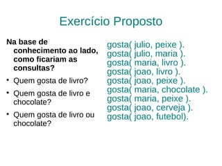 Exercício Proposto
Na base de                   gosta( julio, peixe ).
 conhecimento ao lado,       gosta( julio, maria ).
 como ficariam as            gosta( maria, livro ).
 consultas?
                             gosta( joao, livro ).

    Quem gosta de livro?     gosta( joao, peixe ).

    Quem gosta de livro e    gosta( maria, chocolate ).
    chocolate?               gosta( maria, peixe ).
                             gosta( joao, cerveja ).

    Quem gosta de livro ou   gosta( joao, futebol).
    chocolate?
 