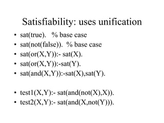 Satisfiability: uses unification
• sat(true). % base case
• sat(not(false)). % base case
• sat(or(X,Y)):- sat(X).
• sat(or(X,Y)):-sat(Y).
• sat(and(X,Y)):-sat(X),sat(Y).
• test1(X,Y):- sat(and(not(X),X)).
• test2(X,Y):- sat(and(X,not(Y))).
 