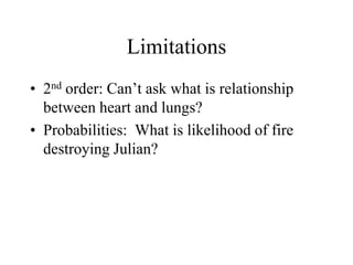 Limitations
• 2nd order: Can’t ask what is relationship
between heart and lungs?
• Probabilities: What is likelihood of fire
destroying Julian?
 
