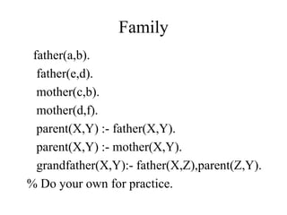 Family
father(a,b).
father(e,d).
mother(c,b).
mother(d,f).
parent(X,Y) :- father(X,Y).
parent(X,Y) :- mother(X,Y).
grandfather(X,Y):- father(X,Z),parent(Z,Y).
% Do your own for practice.
 