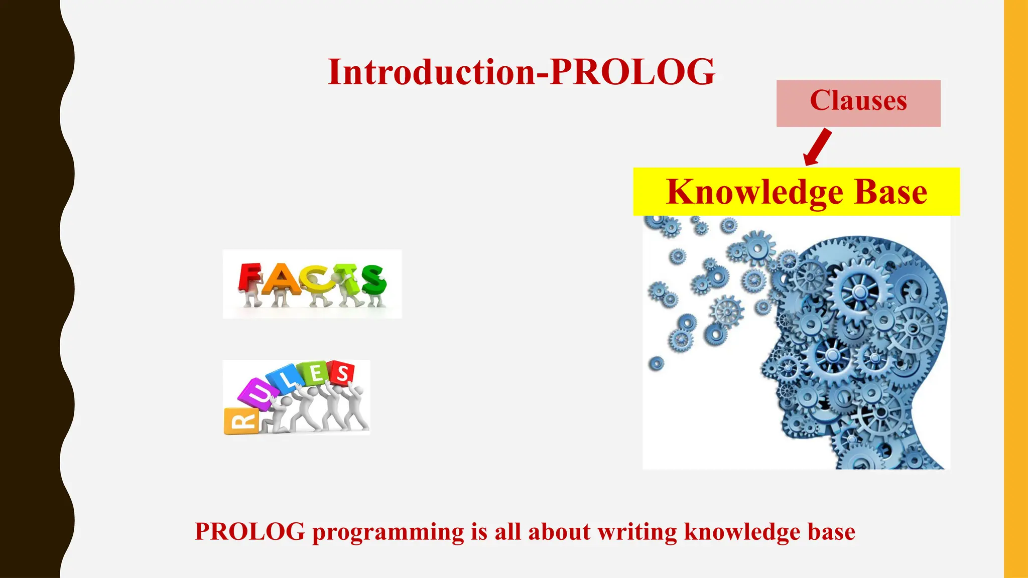 Knowledge Base
Introduction-PROLOG
PROLOG programming is all about writing knowledge base
Clauses
 