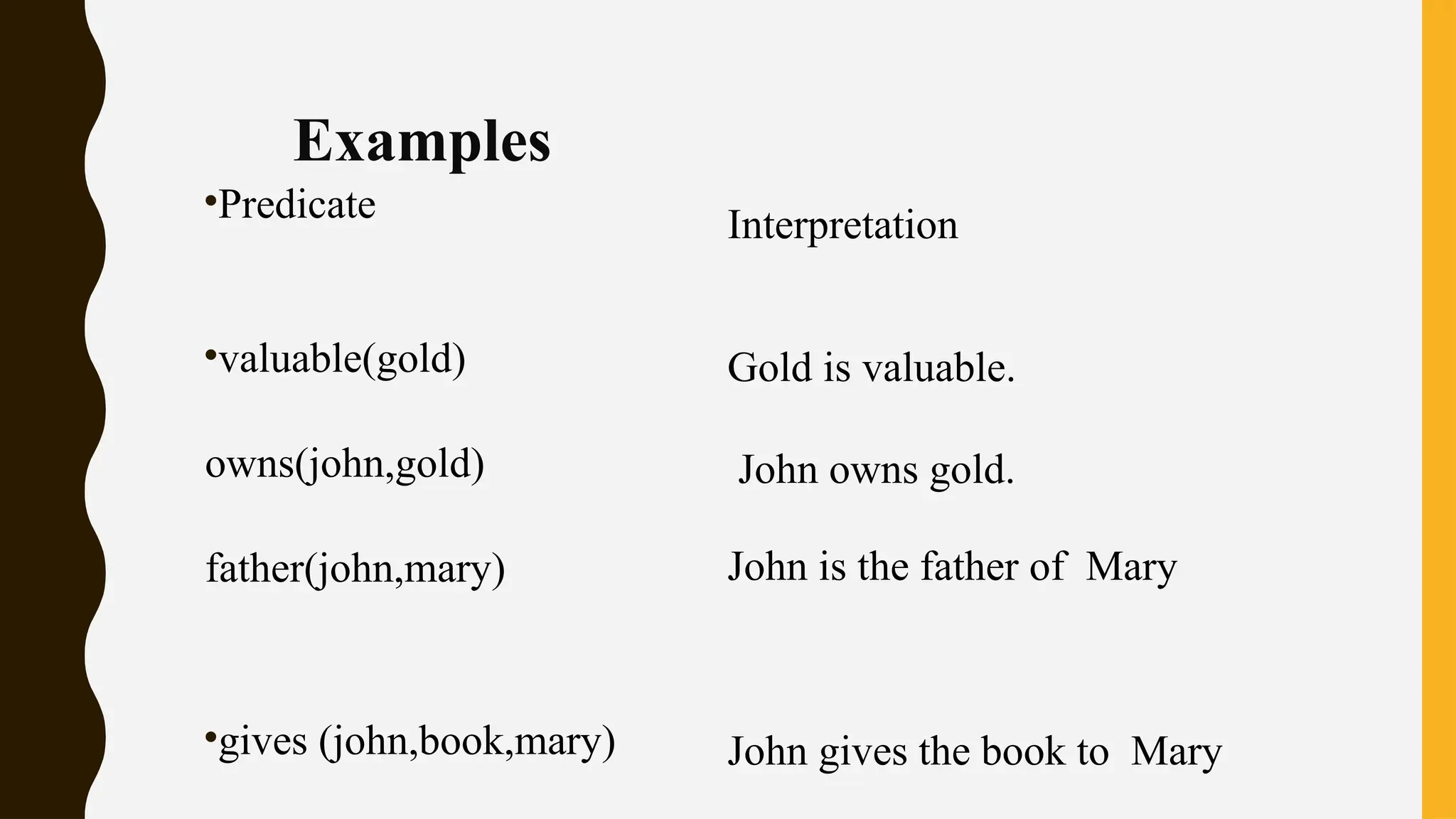 •Predicate
•valuable(gold)
owns(john,gold)
father(john,mary)
•gives (john,book,mary)
Interpretation
Gold is valuable.
John owns gold.
John is the father of Mary
John gives the book to Mary
Examples
 
