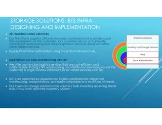 STORAGE SOLUTIONS, BTS INFRA
DESIGNING AND IMPLEMENTATION
 3PL WAREHOUSING SERVICES
 Our Third Party Logistics (3PL) services are customized and scalable as per
the requirements of the customers. Our customer rely on us to provide
competent warehousing and shipping product services along with other
value-added services.
 Supply Chain flow optimization using Cross Dock Infrastructure.
 WAREHOUSING AND DISTRIBUTION CENTRE
 We offer best-in-class logistics services that are cost-efficient and
customizable. Prolog’s 3PL warehousing and distribution solutions provide the
customers a single window infrastructure for varied services such as:
 DC’s are operated by experienced logistics professionals, integrated
warehousing, transportations, and easily adaptable to a multitude of needs.
 Our inventory storage solutions basis volume / bulk, Inventory receiving, Break
bulk, Cross dock, real time inventory position
Warehouse Space
Handling and Storage Solutions
WMS
Stock Administration
 