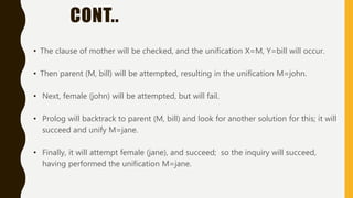 CONT..
• The clause of mother will be checked, and the unification X=M, Y=bill will occur.
• Then parent (M, bill) will be attempted, resulting in the unification M=john.
• Next, female (john) will be attempted, but will fail.
• Prolog will backtrack to parent (M, bill) and look for another solution for this; it will
succeed and unify M=jane.
• Finally, it will attempt female (jane), and succeed; so the inquiry will succeed,
having performed the unification M=jane.
 