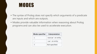 MODES
• The syntax of Prolog does not specify which arguments of a predicate
are inputs and which are outputs.
• Modes provide valuable information when reasoning about Prolog
programs and can also be used to accelerate execution.
 