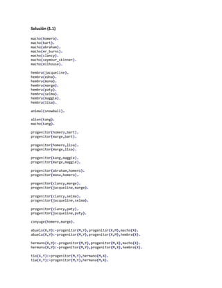 Solución (1.1)

macho(homero).
macho(bart).
macho(abraham).
macho(mr_burns).
macho(clancy).
macho(seymour_skinner).
macho(milhouse).

hembra(jacqueline).
hembra(edna).
hembra(mona).
hembra(marge).
hembra(paty).
hembra(selma).
hembra(maggie).
hembra(lisa).

animal(snowball).

alien(kang).
macho(kang).

progenitor(homero,bart).
progenitor(marge,bart).

progenitor(homero,lisa).
progenitor(marge,lisa).

progenitor(kang,maggie).
progenitor(marge,maggie).

progenitor(abraham,homero).
progenitor(mona,homero).

progenitor(clancy,marge).
progenitor(jacqueline,marge).

progenitor(clancy,selma).
progenitor(jacqueline,selma).

progenitor(clancy,paty).
progenitor(jacqueline,paty).

conyuge(homero,marge).

abuelo(X,Y):-progenitor(M,Y),progenitor(X,M),macho(X).
abuela(X,Y):-progenitor(M,Y),progenitor(X,M),hembra(X).

hermano(X,Y):-progenitor(M,Y),progenitor(M,X),macho(X).
hermana(X,Y):-progenitor(M,Y),progenitor(M,X),hembra(X).

tio(X,Y):-progenitor(M,Y),hermano(M,X).
tia(X,Y):-progenitor(M,Y),hermana(M,X).
 