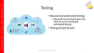 HospitalityITthatyouWISHedfor
Testing
• Manual and automated testing
• Microsoft Visual Studio team Test
Tools for errors tracking &
automated testing.
• Testing of each Scrum.
Introduction to Prologic First, 2016 14
 