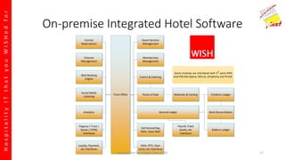 HospitalityITthatyouWISHedfor
On-premise Integrated Hotel Software
Front Office
Central
Reservations
Channel
Management
Web Booking
Engine
Social Media
Listening
Analytics
Pegasus / Trust /
Synxis / HTNG
Interfaces
Loyalty, Payment,
etc Interfaces
Guest Services
Management
Membership
Management
Events & Catering
Points of Sale
HSIA, IPTV, Door
Locks, etc Interfaces
Call Accounting,
HSIA, Voice Mail
General Ledger
Materials & Costing Creditors Ledger
Bank Reconciliation
Debtors Ledger
Payroll, Fixed
Assets, etc
Interfaces
Some modules are interfaced with 3rd
party PMS
and POS like Opera, Micros, Simphony and Protel.
Introduction to Prologic First, 2016 17
 