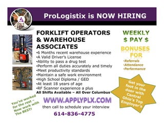 ProLogistix is NOW HIRING
FORKLIFT OPERATORS
& WAREHOUSE
ASSOCIATES
•6 Months recent warehouse experience
•A Valid Driver’s License
•Ability to pass a drug test
•Perform all duties accurately and timely
Meet
•Meet productivity standards
•Maintain a safe work environment
•High School Diploma / GED
•At least 18 years of age
•RF S
Scanner experience a plus
l
All Shifts Available – All Over Columbus

then call to schedule your interview

•Referrals
•Attendance
•Performance

 