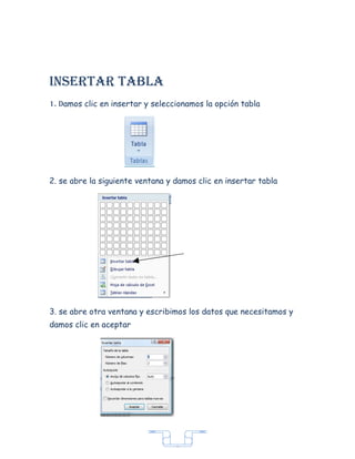 insertar tabLa
1. damos clic en insertar y seleccionamos la opción tabla




2. se abre la siguiente ventana y damos clic en insertar tabla




3. se abre otra ventana y escribimos los datos que necesitamos y
damos clic en aceptar




                                  7
 