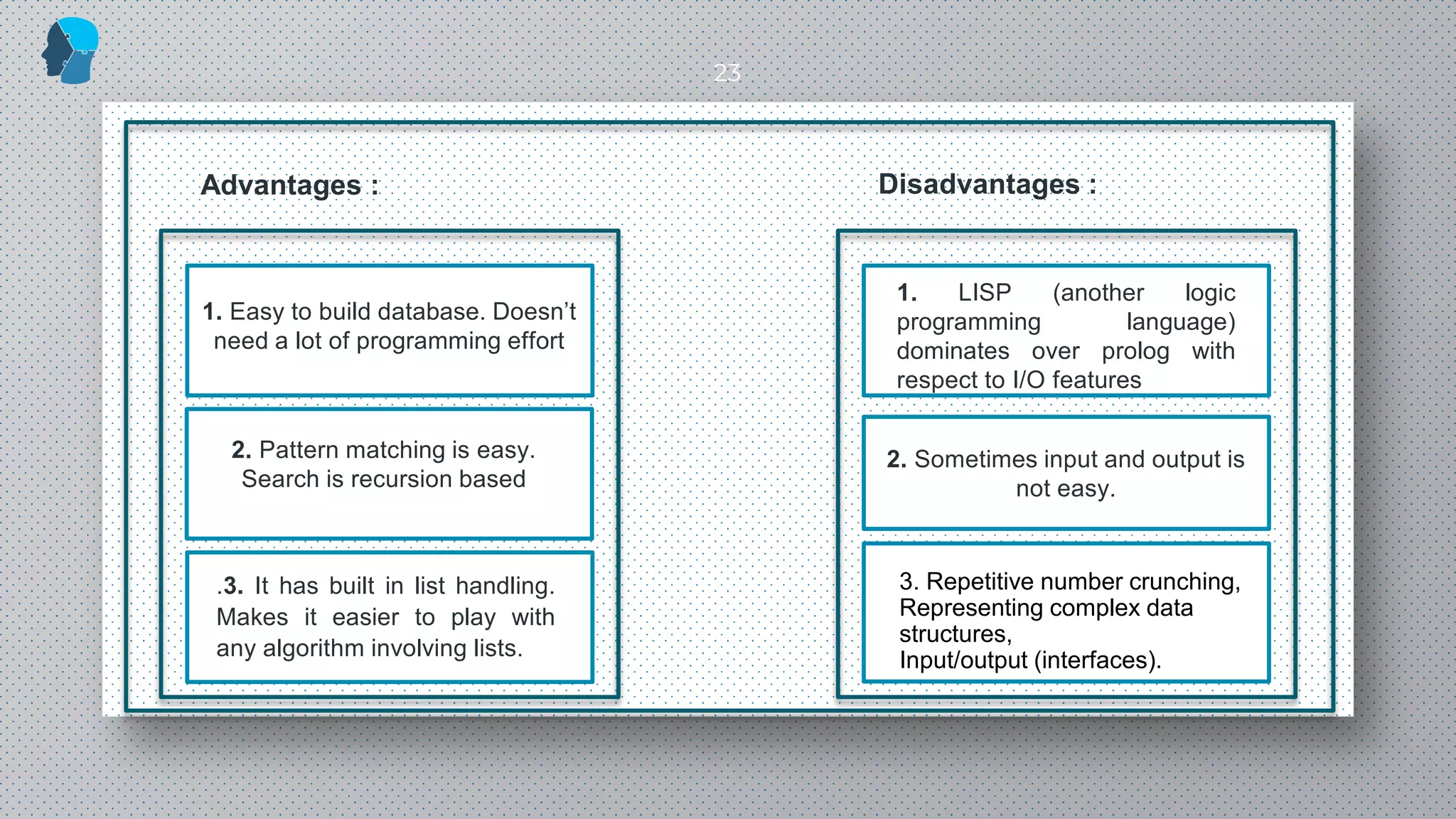 23
Advantages :
1. Easy to build database. Doesn’t
need a lot of programming effort
2. Pattern matching is easy.
Search is recursion based
.3. It has built in list handling.
Makes it easier to play with
any algorithm involving lists.
2. Sometimes input and output is
not easy.
Disadvantages :
1. LISP (another logic
programming language)
dominates over prolog with
respect to I/O features
3. Repetitive number crunching,
Representing complex data
structures,
Input/output (interfaces).
 