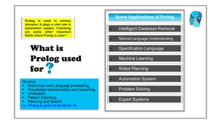 Some Applications of Prolog
Prolog is used in various
domains. It plays a vital role in
automation system. Following
are some other important
fields where Prolog is used −
Prolog is used in various
domains. It plays a vital role in
automation system. Following
are some other important
fields where Prolog is used −
• Intelligent Database Retrieval
• Natural Language Understanding
• Specification Language
• Machine Learning
• Robot Planning
• Automation System
• Problem Solving
• Expert Systems
What is
Prolog used
for
Good at
▪ Grammars and Language processing,
▪ Knowledge representation and reasoning,
▪ Unification,
▪ Pattern matching,
▪ Planning and Search.
i.e. Prolog is good at Symbolic AI.
?
 