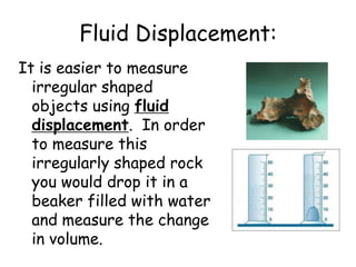 12. Volume:2. You must read the meniscus to obtain an accurate result. Due to cohesion (sticky) properties of fluids, the edges of the fluid touching the glass will slightly rise. Meniscus = 73 mL