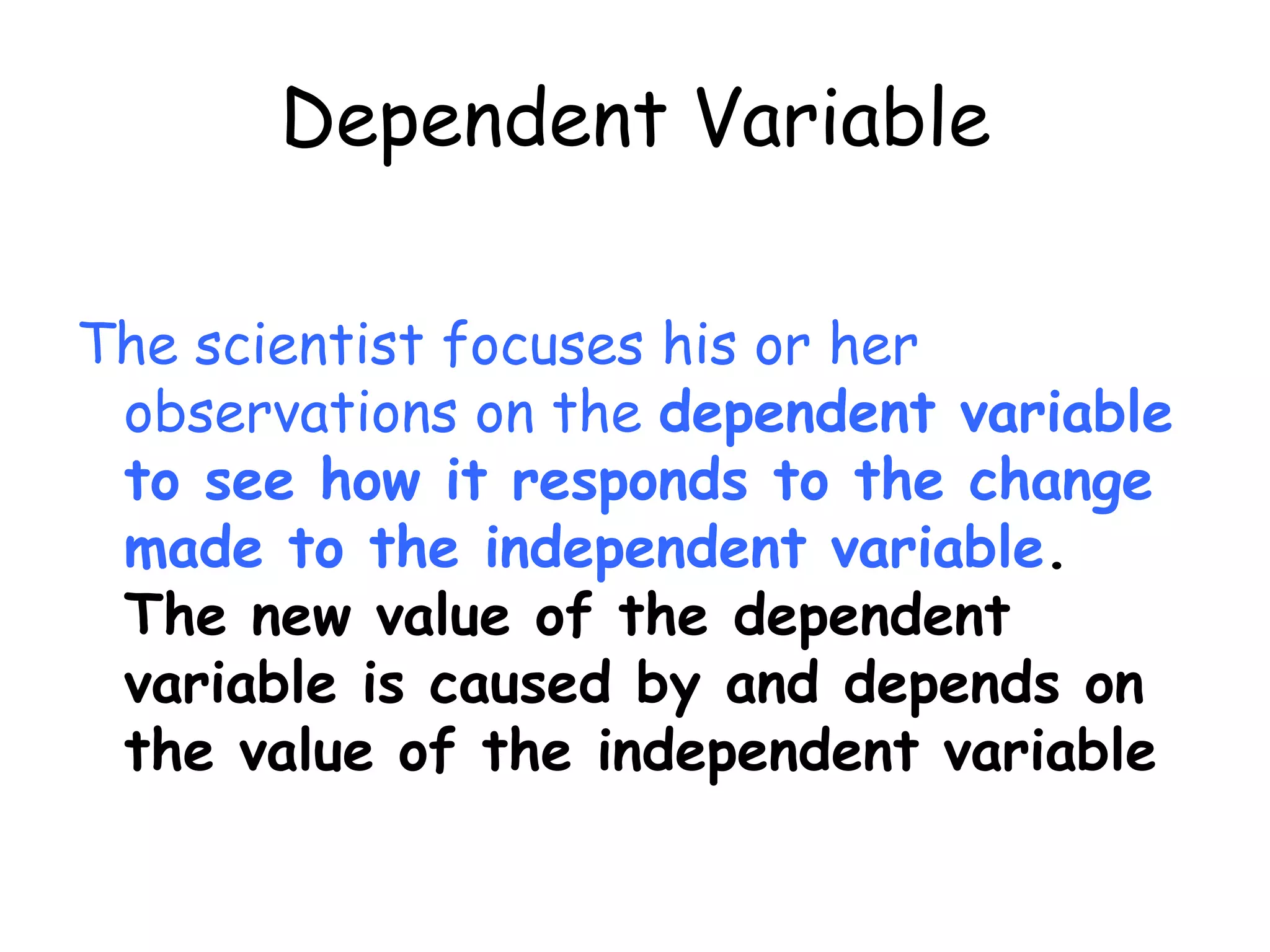 Experimental DesignControl Group                   Experimental Group-Constant conditions         - Identical to theUsed for Consistancy       control group  and to isolate the             EXCEPT for one  Variable                            variable being                                            tested								             -Used to generate                                            results.