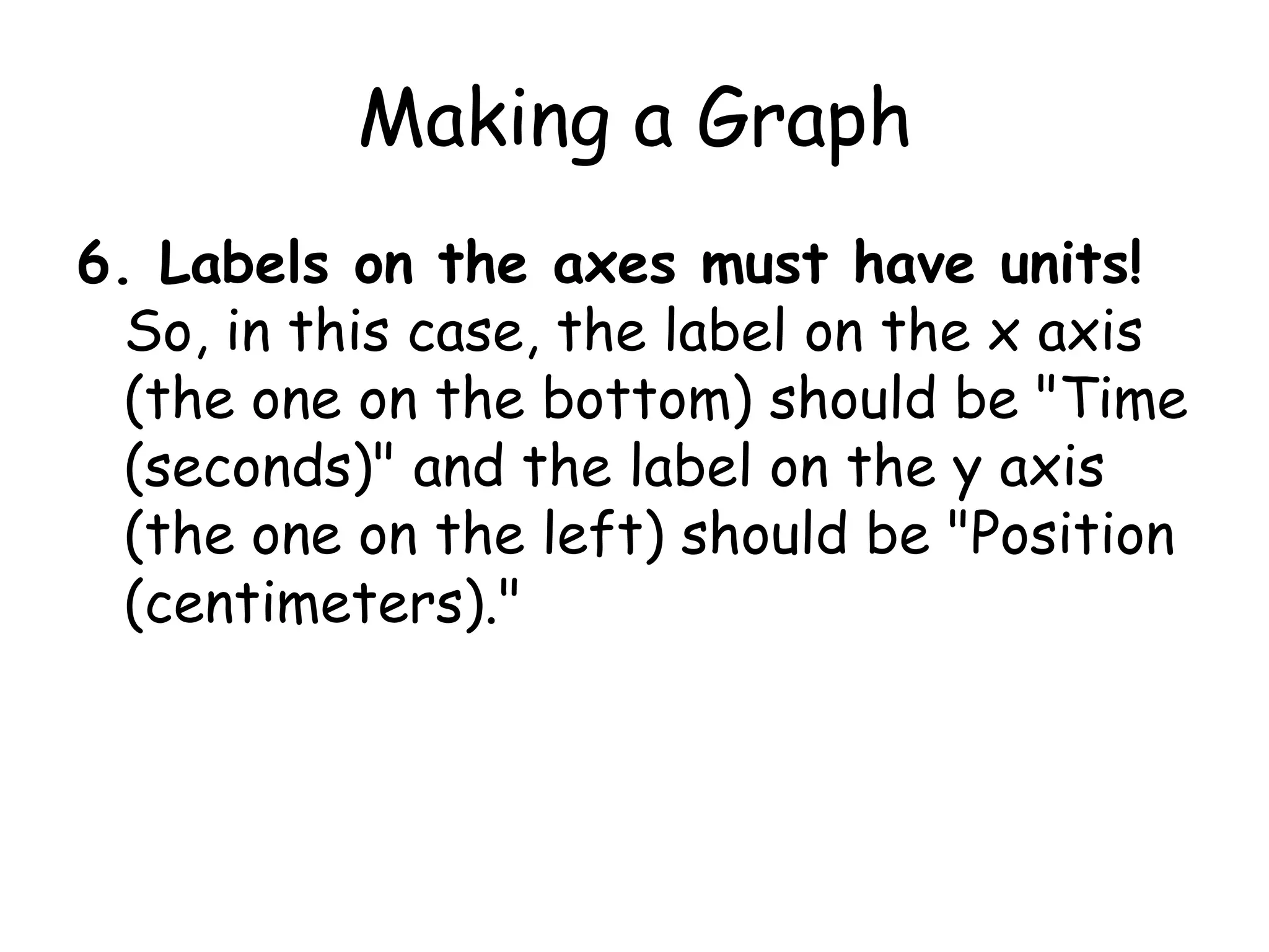 Making a Graph4. Give your graph a Title. Titles of graphs are usually "Y versus X"; so in this case, our title is "Position versus Time." (NOT position divided by time, or position minus time.) 