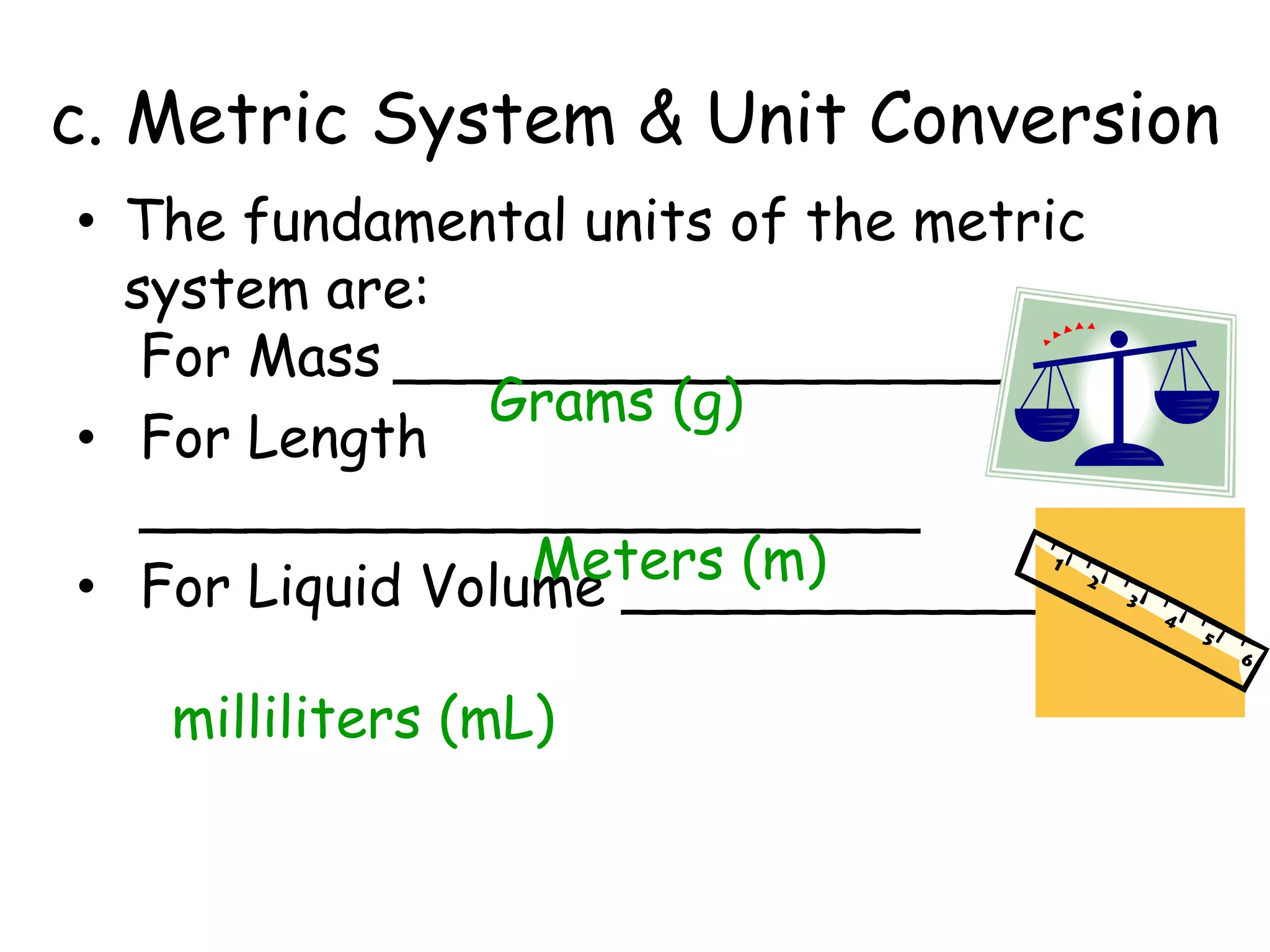 c. Metric System & Unit ConversionThe fundamental units of the metric system are:	For Mass	______________________ 	For Length	______________________	For Liquid Volume ________________Grams (g)Meters (m)milliliters (mL)