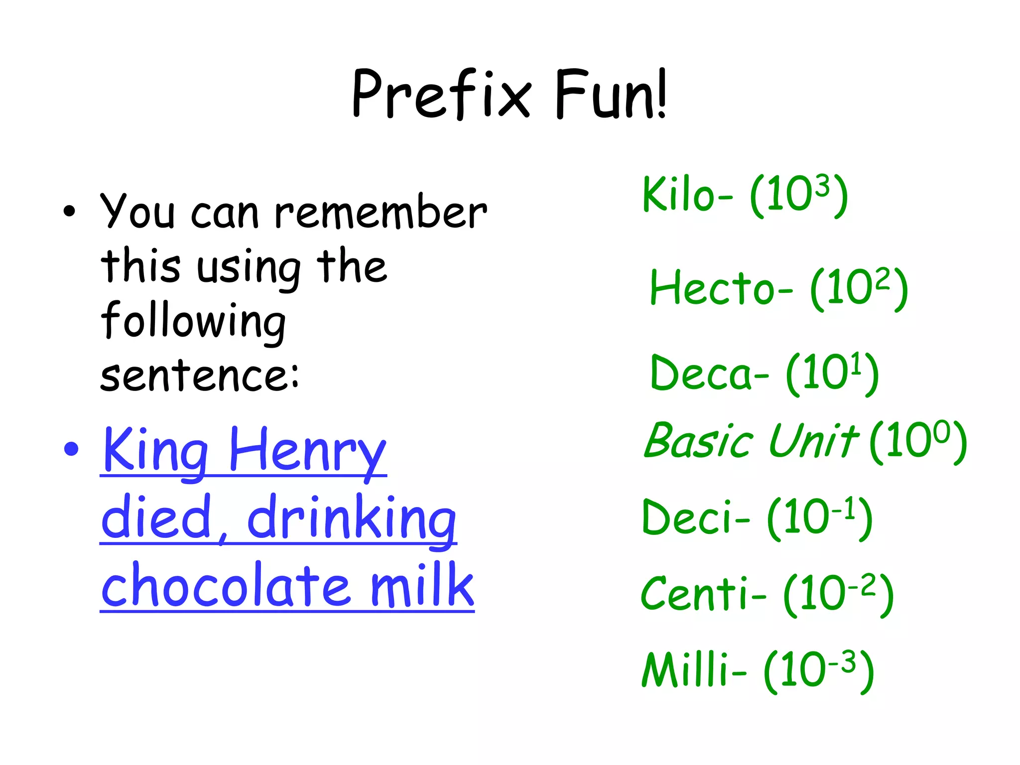 Prefix Fun!Kilo- (103)You can remember this using the following sentence:King Henry died, drinking chocolate milkHecto- (102)Deca- (101)Basic Unit (100)Deci- (10-1)Centi- (10-2)Milli- (10-3)