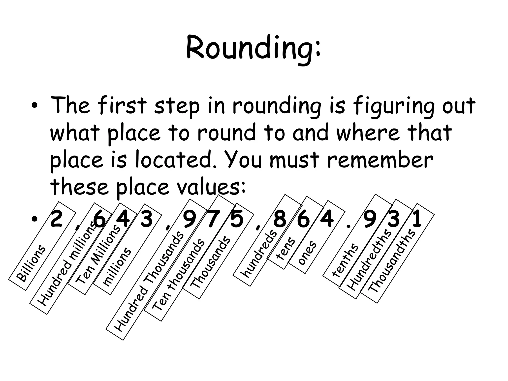 Rounding:The first step in rounding is figuring out what place to round to and where that place is located. You must remember these place values:2 , 6 4 3 , 9 7 5 , 8 6 4 . 9 3 1tensoneshundredstenthsBillionsTen MillionsHundredthsmillionsThousandsThousandthsTen thousandsHundred millionsHundred Thousands