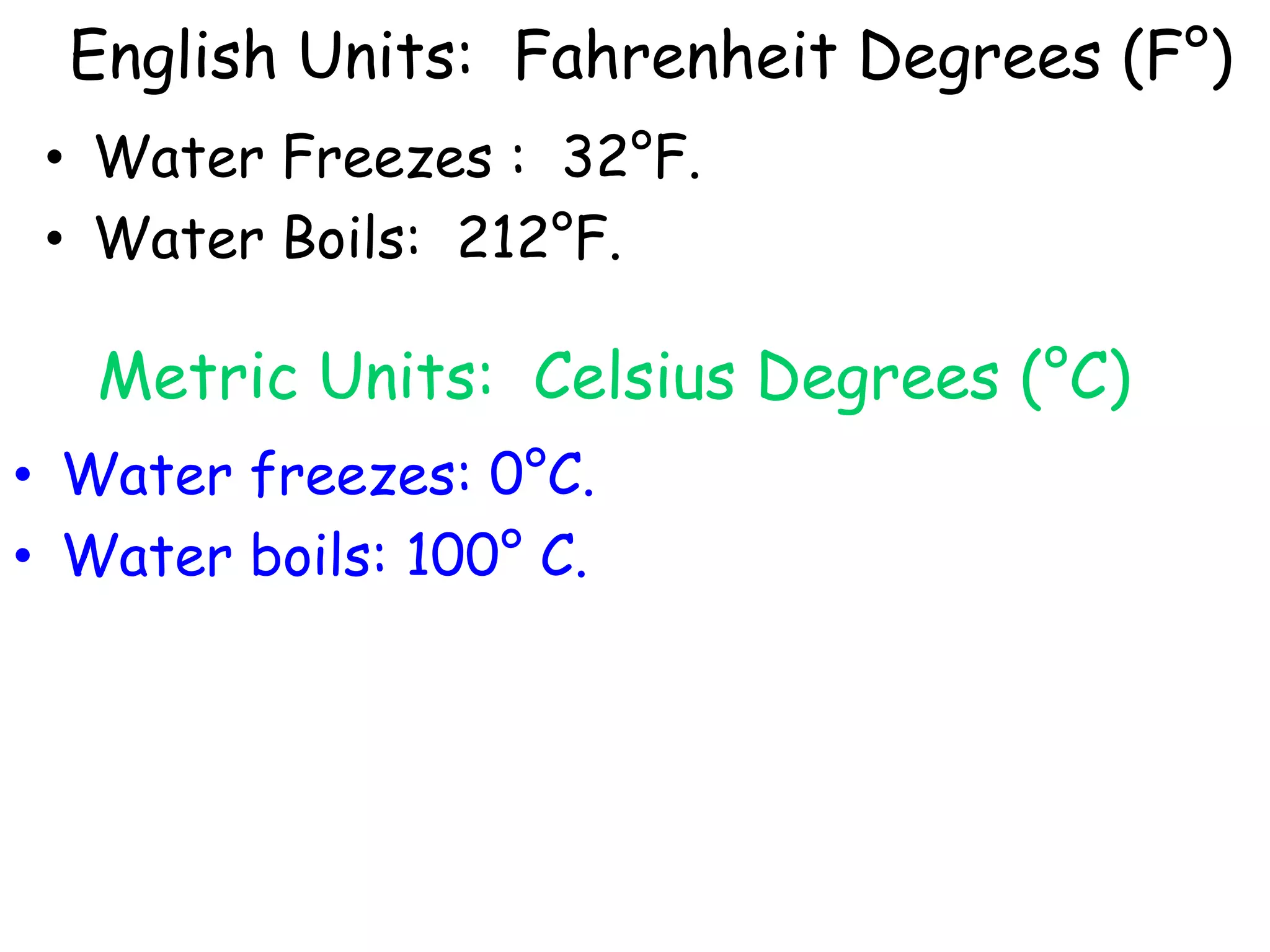 English Units:  Fahrenheit Degrees (F°)Water Freezes :  32°F.Water Boils:  212°F.Metric Units:  Celsius Degrees (°C)Water freezes: 0°C.