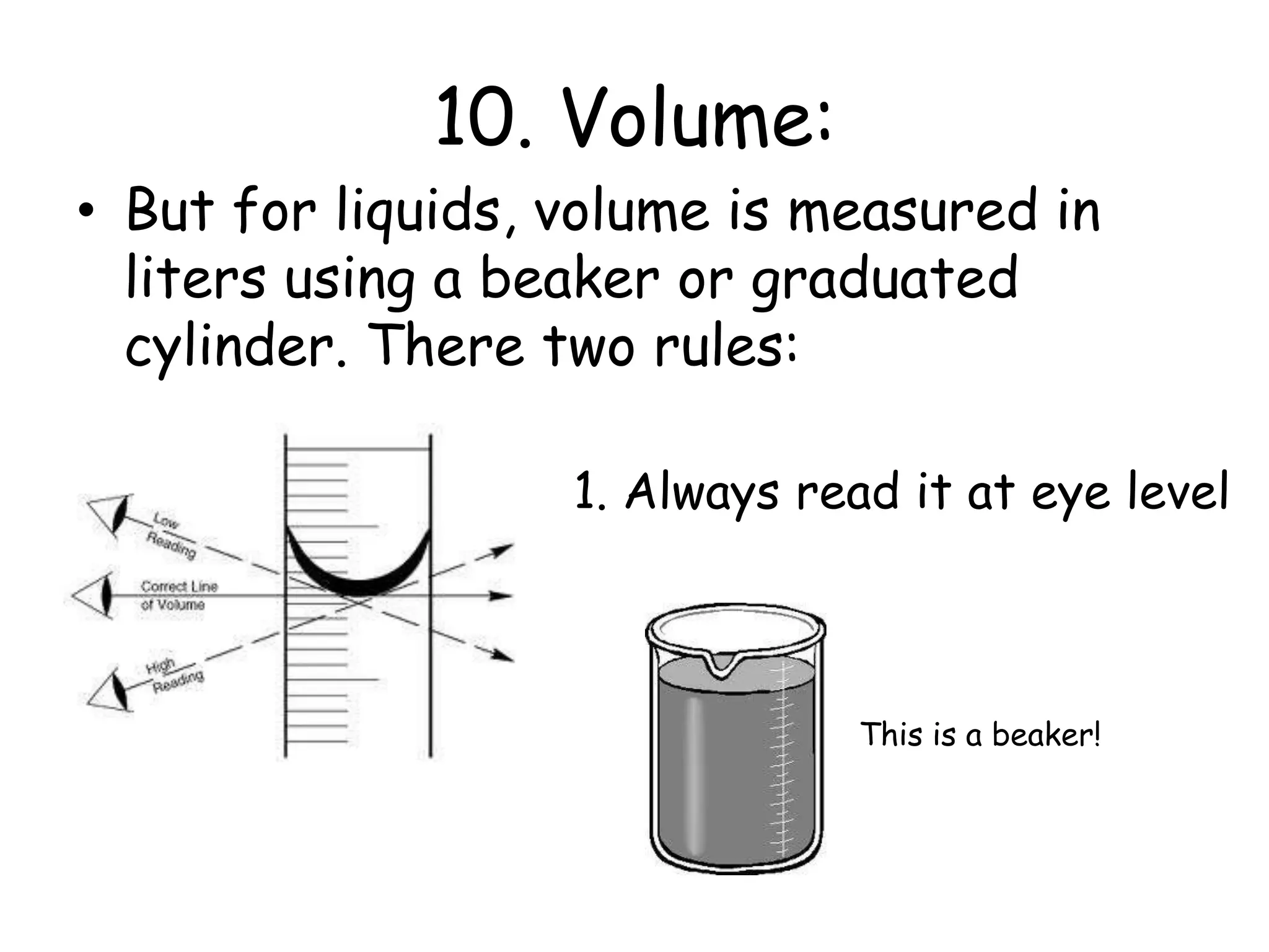 10. Volume:But for liquids, volume is measured in liters using a beaker or graduated cylinder. There two rules:1. Always read it at eye levelThis is a beaker!