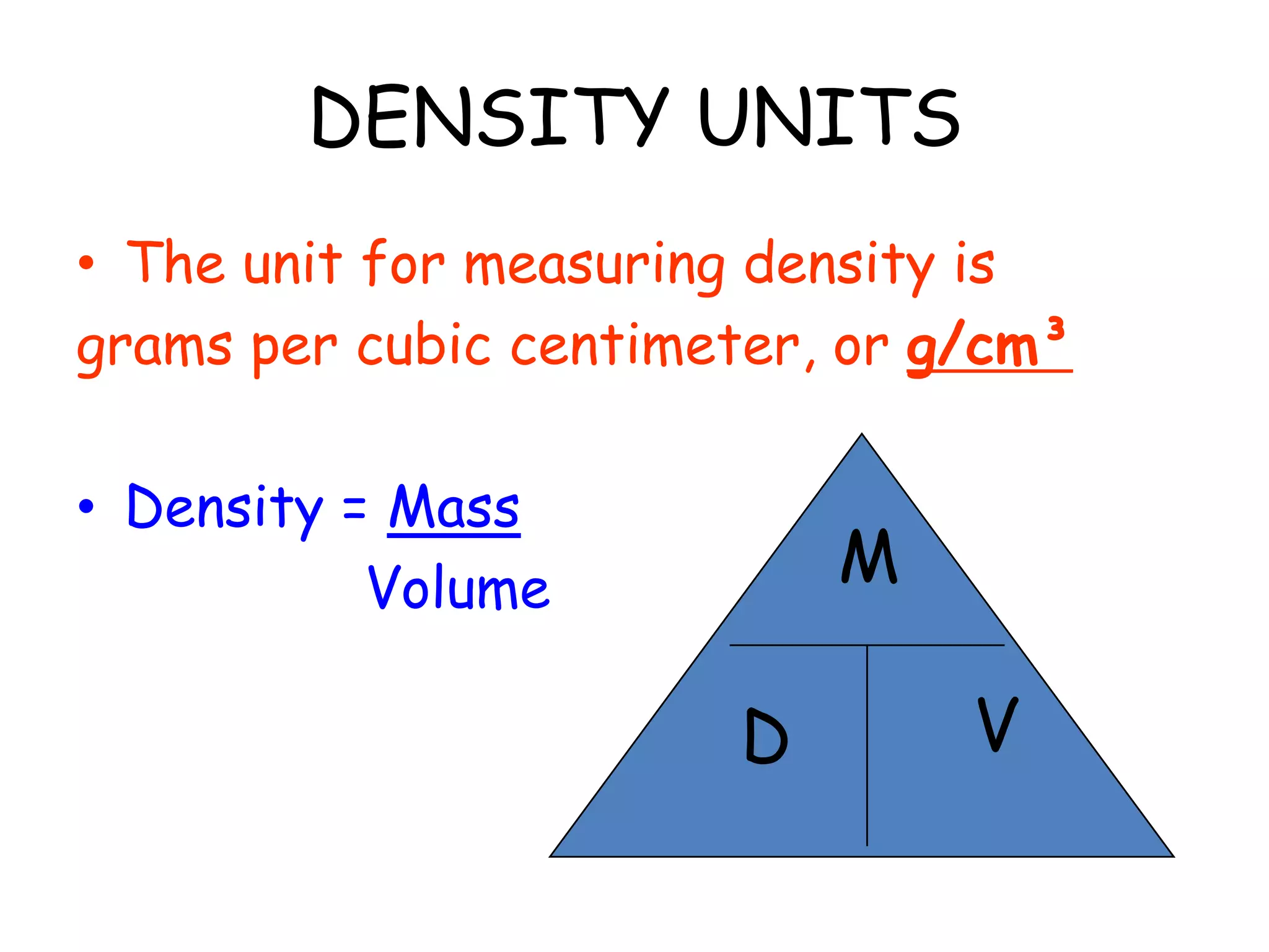 DENSITY UNITSThe unit for measuring density is grams per cubic centimeter, or g/cm³Density = Mass                 VolumeMVD