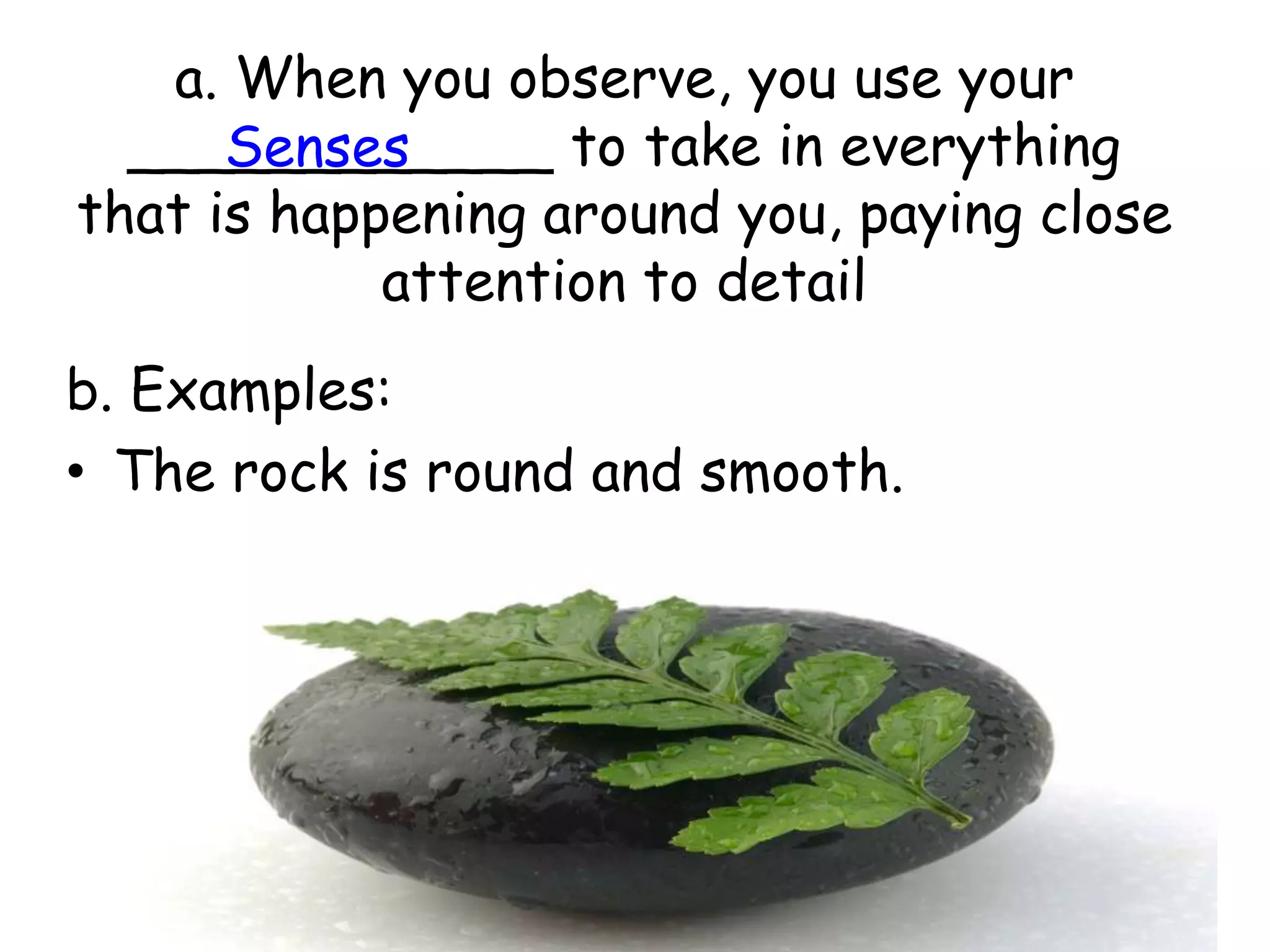 Sensesa. When you observe, you use your ____________ to take in everything that is happening around you, paying close attention to detailb. Examples:The rock is round and smooth.