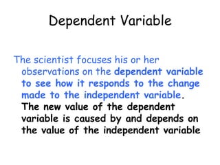 Experimental DesignControl Group                   Experimental Group-Constant conditions         - Identical to theUsed for Consistancy       control group  and to isolate the             EXCEPT for one  Variable                            variable being                                            tested								             -Used to generate                                            results.