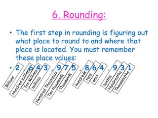 6. Rounding:The first step in rounding is figuring out what place to round to and where that place is located. You must remember these place values:2 , 6 4 3 , 9 7 5 , 8 6 4 . 9 3 1tensoneshundredstenthsBillionsTen MillionsHundredthsmillionsThousandsThousandthsTen thousandsHundred millionsHundred Thousands