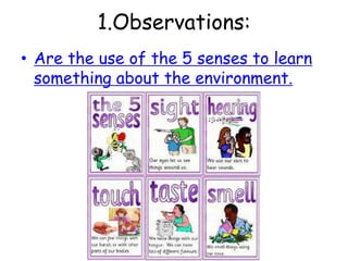 1.Observations:Are the use of the 5 senses to learn something about the environment.
