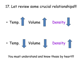 16. Does size affect density of an object?You can NEVER change the density of a material by cutting it into pieces.  Since change both volume and mass, the ratio will remain the same, therefore each small piece will have the same density as the original large one.
