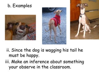 b. Examples ii. Since the dog is wagging his tail he must be happy.iii. Make an inference about something your observe in the classroom. 