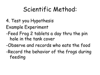 Scientific MethodDevelop a Hypothesis.Ex:The Larger Frog is getting more food because he is more aggresive