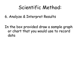 Scientific Method:5. Observe and record your data. Use tables and notes to record observations and measurements.In the box provided draw a sample table that you would use to record data