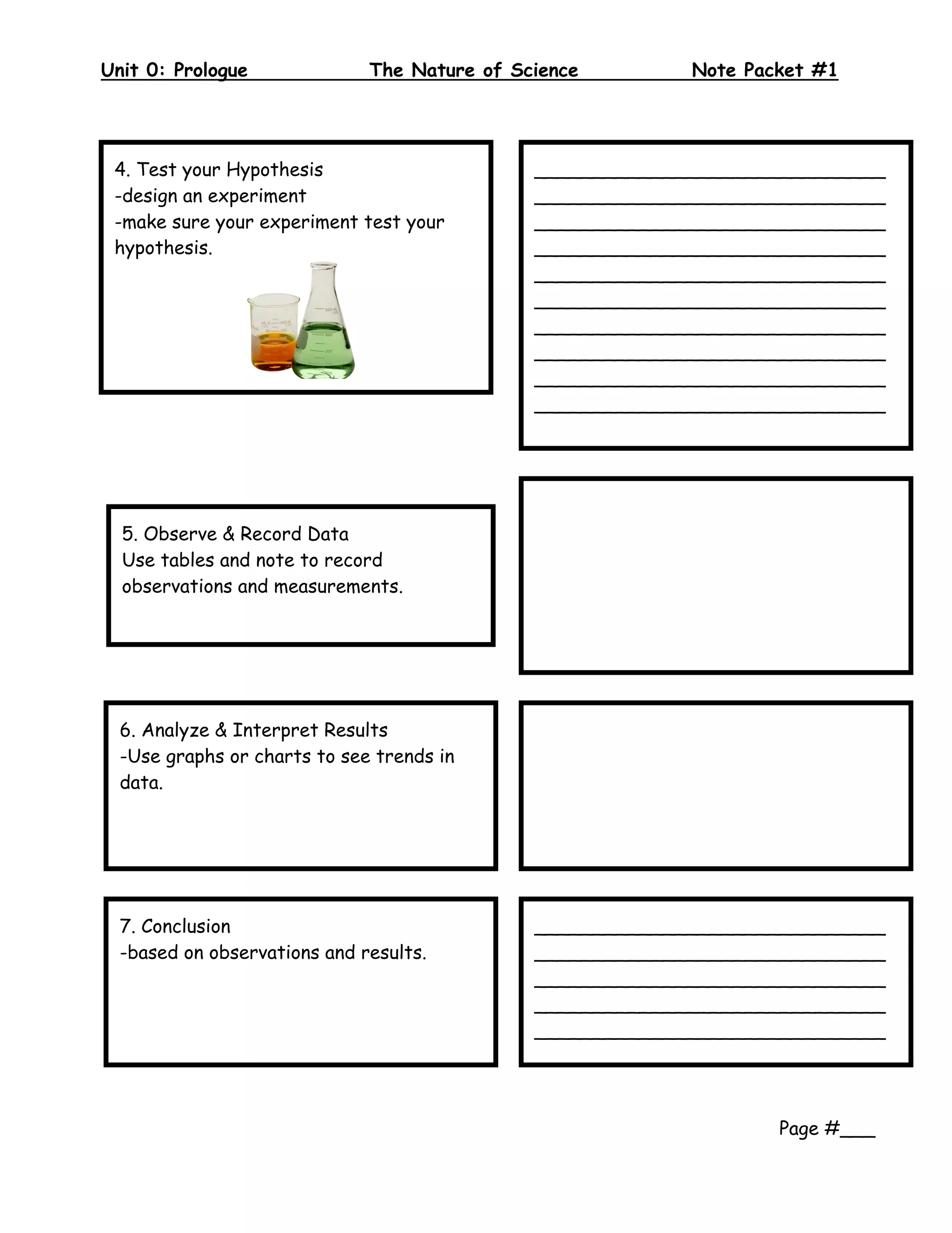 Unit 0: Prologue              The Nature of Science        Note Packet #1
 



 4. Test your Hypothesis                      ______________________________
 -design an experiment                        ______________________________
 -make sure your experiment test your         ______________________________
 hypothesis.                                  ______________________________
                                              ______________________________
                                              ______________________________
                                              ______________________________
                                              ______________________________
                                              ______________________________
                                              ______________________________
                                              _




  5. Observe & Record Data
  Use tables and note to record
  observations and measurements.




  6. Analyze & Interpret Results
  -Use graphs or charts to see trends in
  data.




  7. Conclusion                               ______________________________
  -based on observations and results.         ______________________________
                                              ______________________________
                                              ______________________________
                                              ______________________________
                                              ______________________________


                                                                   Page #___
 