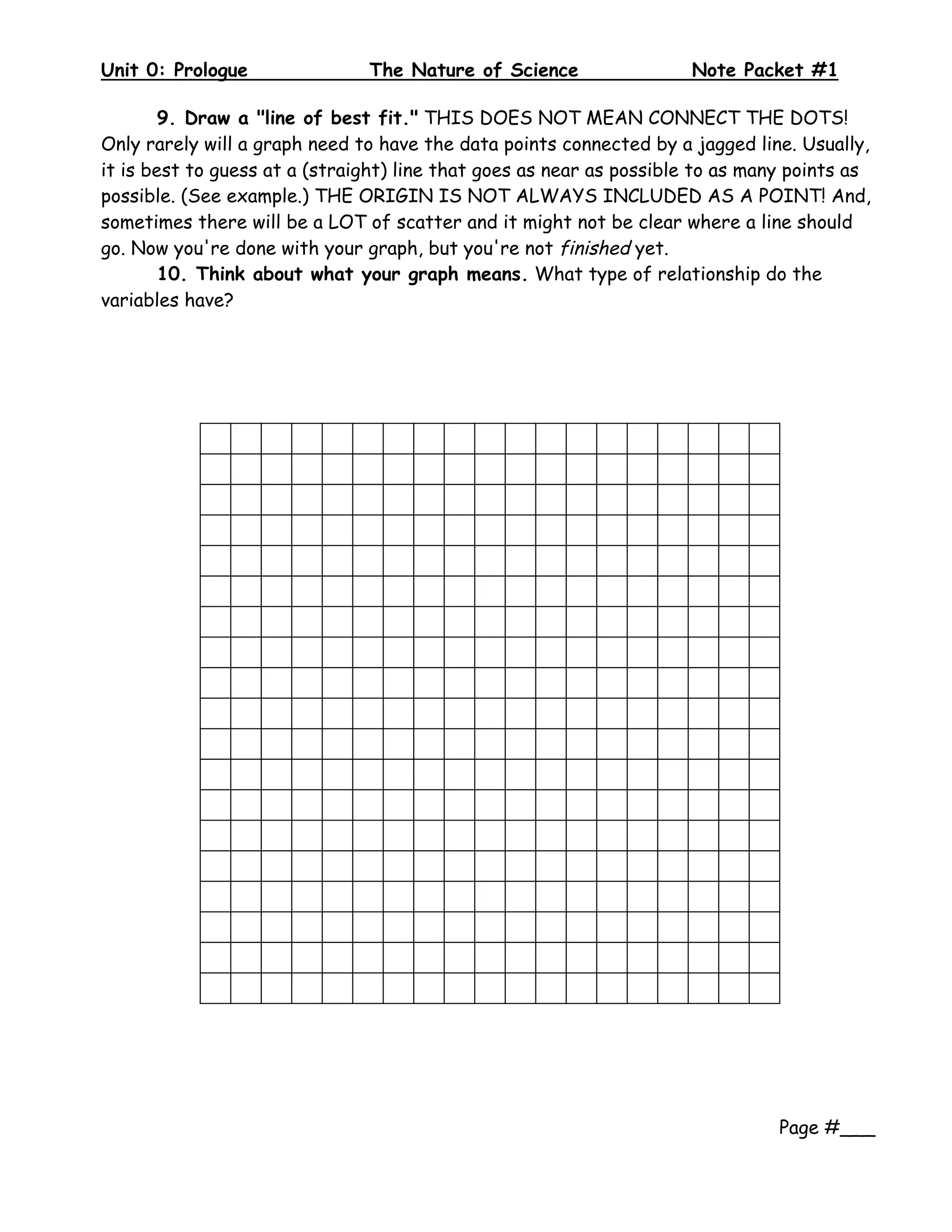 Unit 0: Prologue                 The Nature of Science                  Note Packet #1
 
        9. Draw a "line of best fit." THIS DOES NOT MEAN CONNECT THE DOTS!
Only rarely will a graph need to have the data points connected by a jagged line. Usually,
it is best to guess at a (straight) line that goes as near as possible to as many points as
possible. (See example.) THE ORIGIN IS NOT ALWAYS INCLUDED AS A POINT! And,
sometimes there will be a LOT of scatter and it might not be clear where a line should
go. Now you're done with your graph, but you're not finished yet.
        10. Think about what your graph means. What type of relationship do the
variables have?




             F ree P lain G raph P aper from http://incom petech.com /graphpaper/plain/


                                                                                          Page #___
 