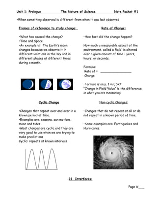 Unit 1: Prologue               The Nature of Science              Note Packet #1

•When something observed is different from when it was last observed

 Frames of reference to study change:                    Rate of Change:

 •What has caused the change?                •How fast did the change happen?
 •Time and Space.
 •An example is: The Earth’s moon            How much a measurable aspect of the
 changes because we observe it in            environment, called a field, is altered
 different locations in the sky and in       over a given amount of time – years,
 different phases at different times         hours, or seconds.
 during a month.
                                             Formula:
                                             Rate of = ________________
                                             Change

                                             •Formula is on p. 1 in ESRT
                                             “Change in Field Value” is the difference
                                             in what you are measuring.


               Cyclic Change                            Non-cyclic Changes:

 •Changes that repeat over and over in a     •Changes that do not repeat at all or do
 known period of time.                       not repeat in a known period of time.
 •Examples are: seasons, sun motions,
 moon and tides                              •Some examples are: Earthquakes and
 •Most changes are cyclic and they are       Hurricanes.
 very good to use when we are trying to
 make predictions
 Cyclic: repeats at known intervals




                                    21. Interfaces:

                                                                              Page #___
 