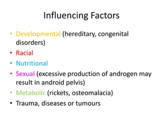 Influencing Factors
• Developmental (hereditary, congenital
disorders)
• Racial
• Nutritional
• Sexual (excessive production of androgen may
result in android pelvis)
• Metabolic (rickets, osteomalacia)
• Trauma, diseases or tumours
 