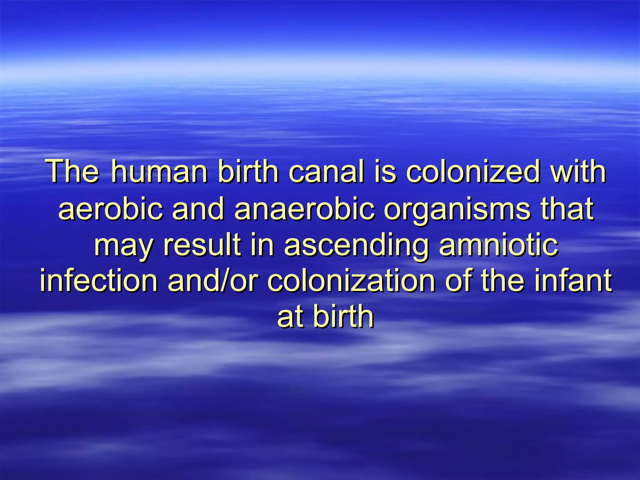 The   human birth canal is colonized with aerobic and anaerobic organisms that may result in ascending amniotic infection and/or colonization of the infant at birth 