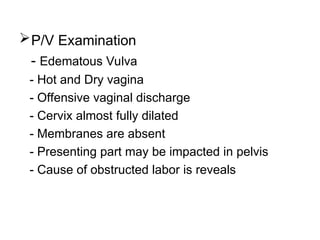 P/V Examination
- Edematous Vulva
- Hot and Dry vagina
- Offensive vaginal discharge
- Cervix almost fully dilated
- Membranes are absent
- Presenting part may be impacted in pelvis
- Cause of obstructed labor is reveals
 