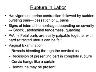 Rupture in Labor
• H/o vigorous uterine contraction followed by sudden
bursting pain→ cessation of L. pains
• Signs of internal hemorrhage depending on severity
→ Shock , abdominal tenderness, guarding
• P/A → Fetal parts are easily palpable together with
hard retracted uterus can be felt.
• Vaginal Examination
- Reveals bleeding through the cervical os
- Recession of presenting part in complete rupture
- Cervix hangs like a curtain
- Hematuria may be present
 